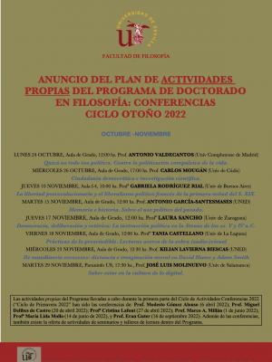 ANUNCIO DEL PLAN DE ACTIVIDADES PROPIAS DEL PROGRAMA DE DOCTORADO EN FILOSOFÍA: CONFERENCIAS CICLO OTOÑO 2022