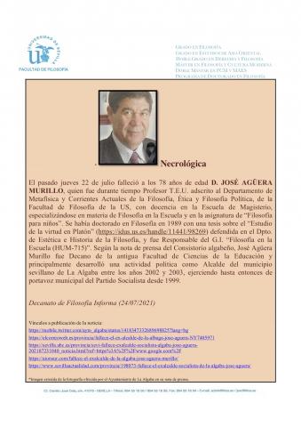 Nota necrológica Dr. D. JOSÉ AGÜERA MURILLO (22/07/2021)