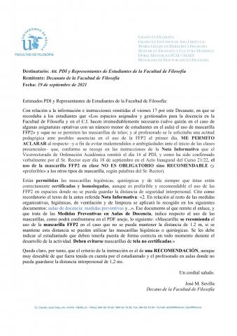 Aclaracion sobre uso de FFP2 en aula