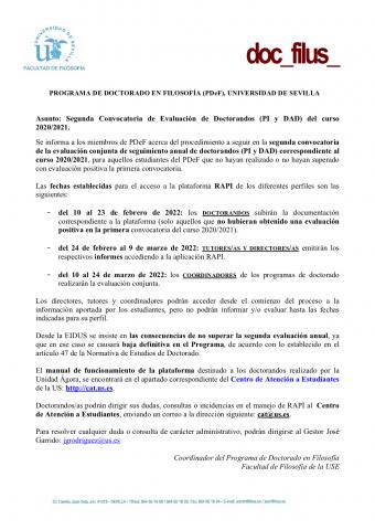 Segunda Convocatoria de Evaluación de Doctorandos (PI y DAD) del curso 2020/2021.